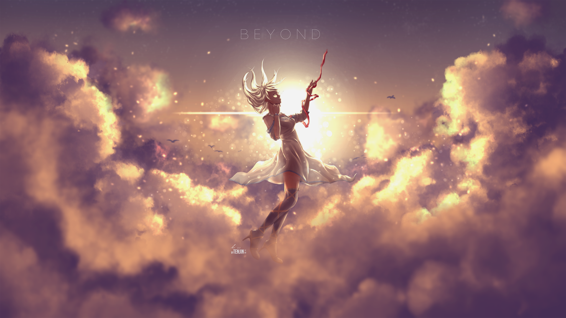 An original anime-style 4K Ultra HD desktop wallpaper featuring a glowing figure with a staff soaring gracefully through luminous clouds.