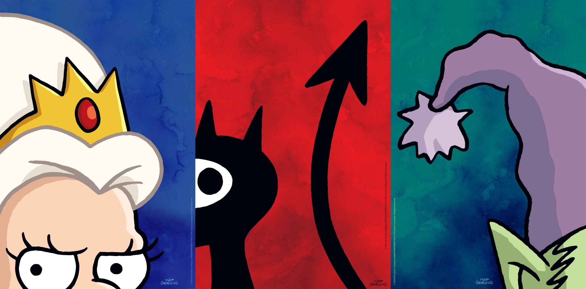 8K Ultra HD PC desktop wallpaper featuring minimalist panels of Bean, Luci and Elfo from the TV show Disenchantment in bold blue, red and teal.