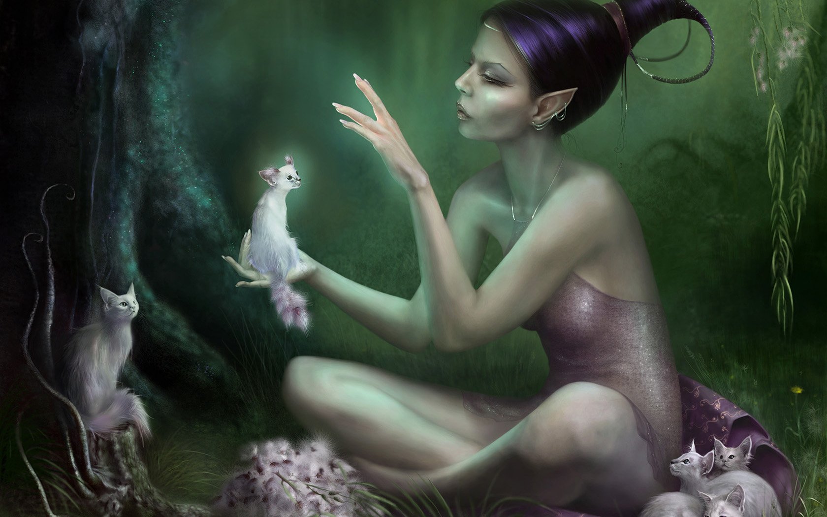 HD desktop wallpaper featuring a fantasy elf with pointed ears and purple hair, surrounded by enchanting fairy-like cats in a mystical forest.