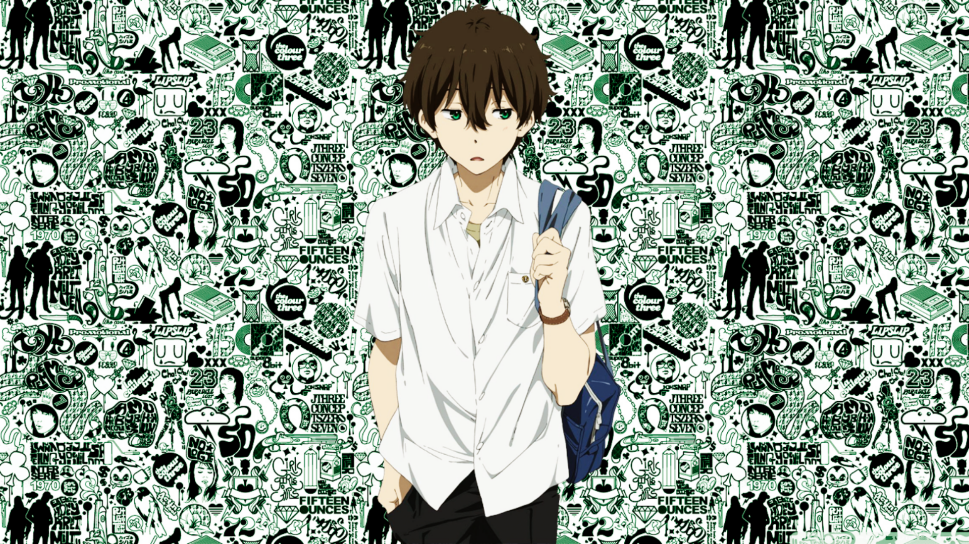 HD anime desktop wallpaper featuring Hōtarō Oreki from Hyouka, standing against a black-and-white collage background filled with various abstract doodles and icons.