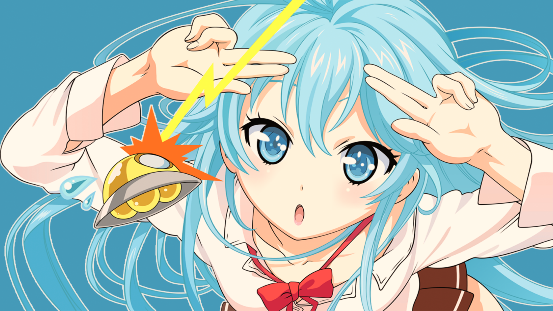 HD anime wallpaper featuring Erio Touwa from Denpa Onna to Seishun Otoko with vibrant blue hair and expressive blue eyes against a bright blue background.