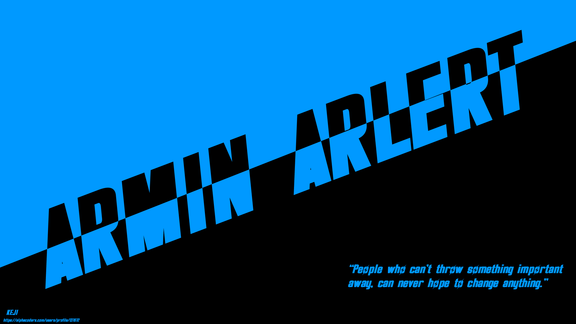 8K Ultra HD PC wallpaper: bold blue-and-black diagonal design with large ARMIN ARLERT text and a small quote text from the Attack on Titan anime.