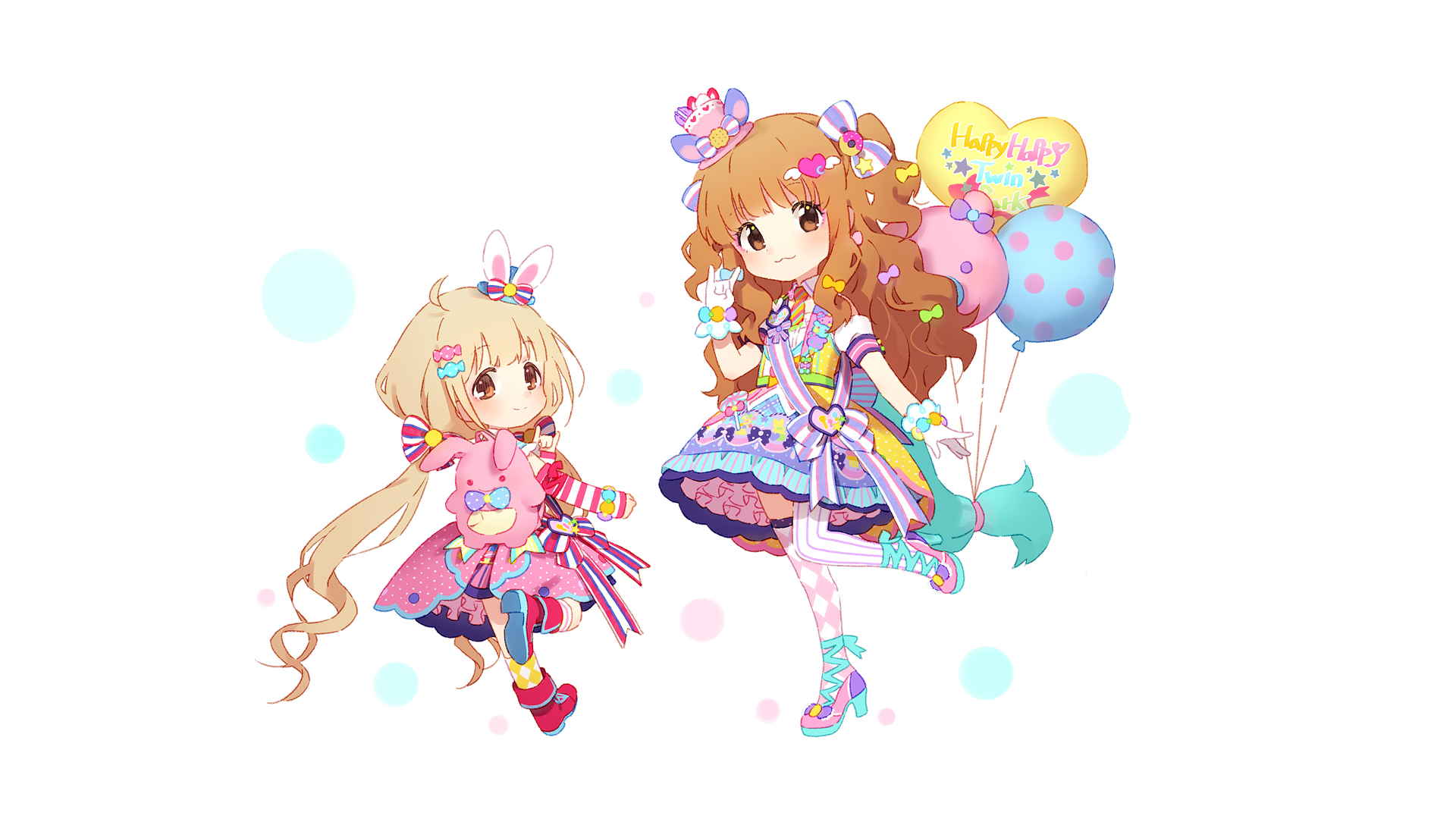 HD PC desktop wallpaper of Anzu Futaba from The iDOLM@STER Cinderella Girls — chibi-style anime idol in pastel frilly outfit holding balloons in a playful pose.