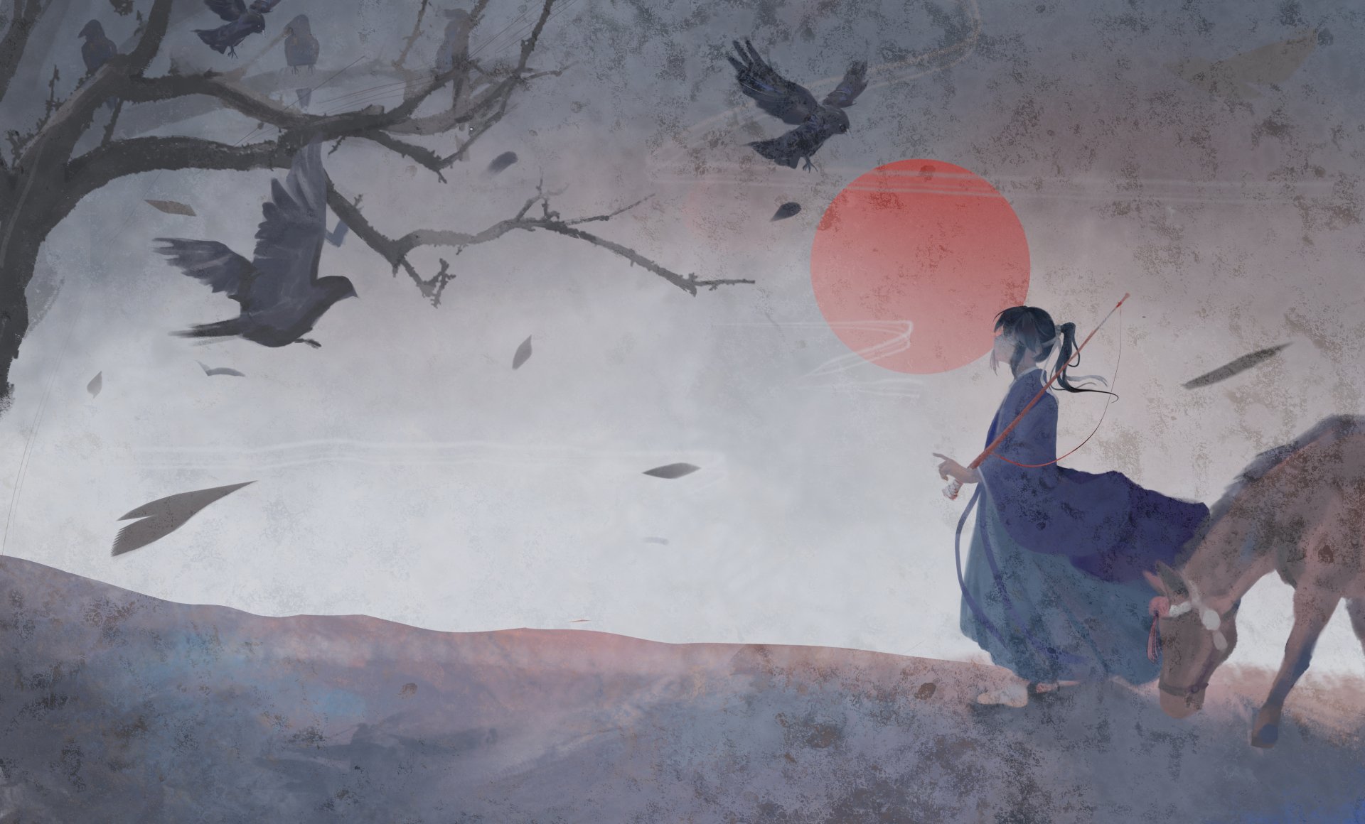 Anime scene featuring a character with black, long hair walking alongside a horse, with birds flying near a tree under a red sun. HD desktop wallpaper and background.