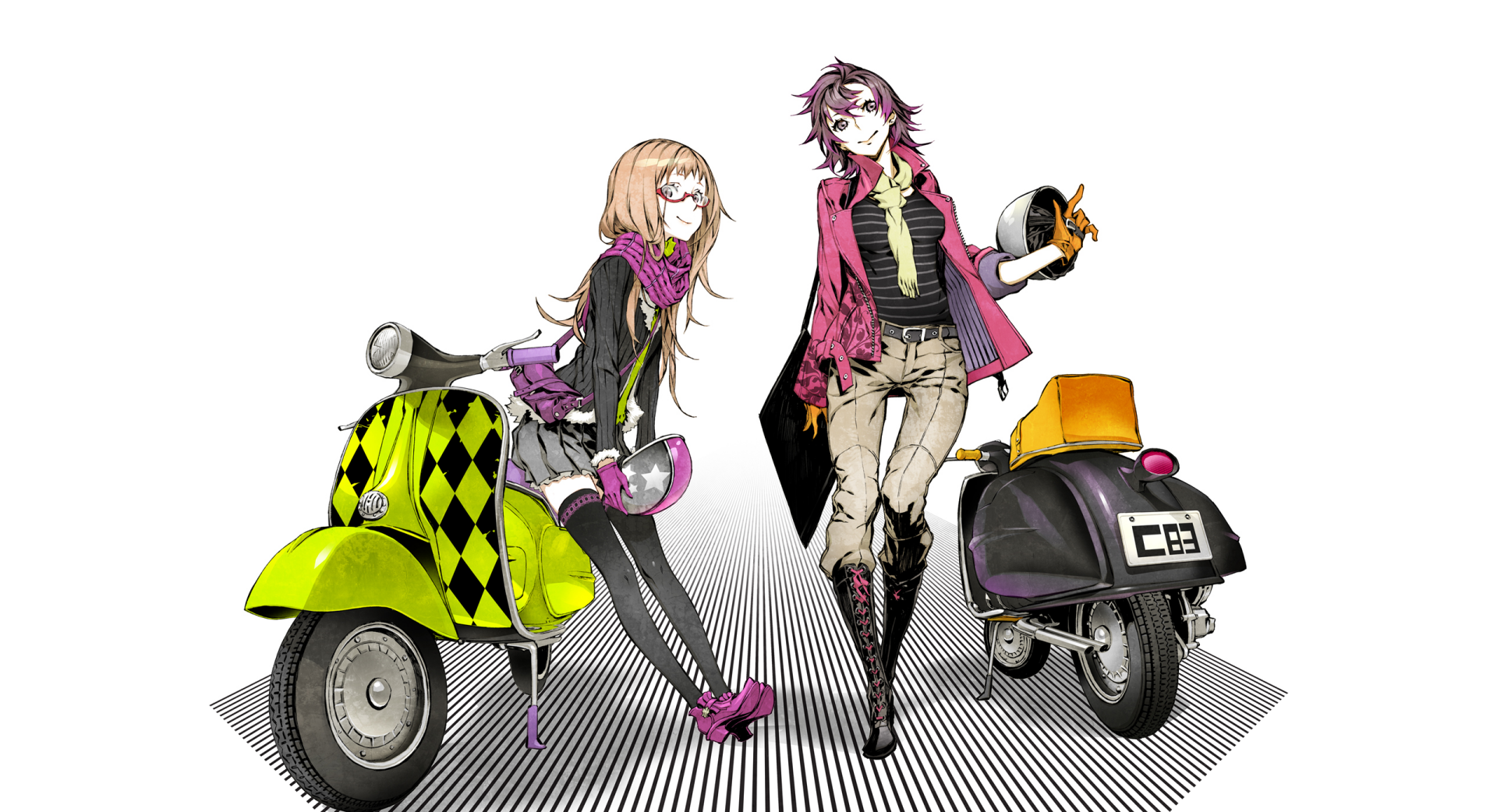 Original anime HD PC desktop wallpaper: two fashionable characters in glasses pose beside neon-patterned scooters on a white background.