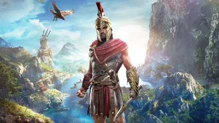 4K Ultra HD PC desktop wallpaper featuring a warrior from Assassin's Creed Odyssey standing before a vibrant, mountainous landscape with a soaring eagle overhead.