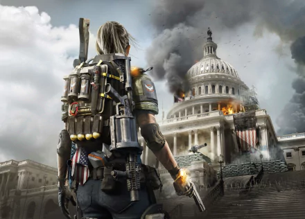 A character from Tom Clancy's The Division 2 stands ready with a weapon, facing a burning Capitol building under a dramatic sky, captured in stunning 4K Ultra HD detail.
