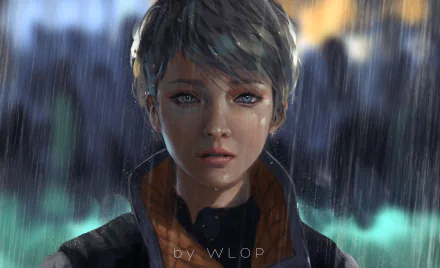 HD desktop wallpaper of Kara from the video game Detroit: Become Human, standing in the rain with a focused expression, created by WLOP.