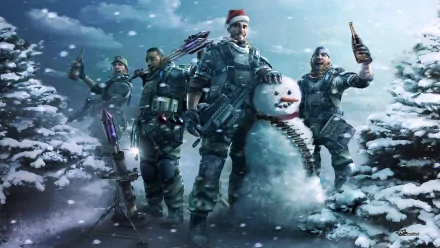 HD PC desktop wallpaper featuring four armed soldiers from the video game Killzone 2 standing in a snowy forest, posing with a snowman wearing a Santa hat.