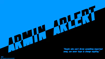 8K Ultra HD PC wallpaper: bold blue-and-black diagonal design with large ARMIN ARLERT text and a small quote text from the Attack on Titan anime.