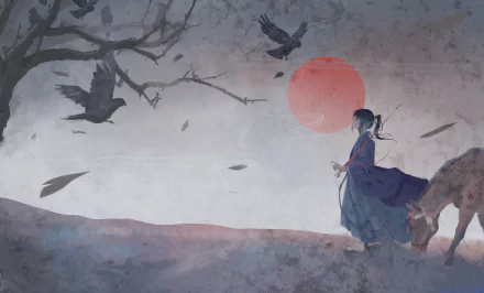 Anime scene featuring a character with black, long hair walking alongside a horse, with birds flying near a tree under a red sun. HD desktop wallpaper and background.