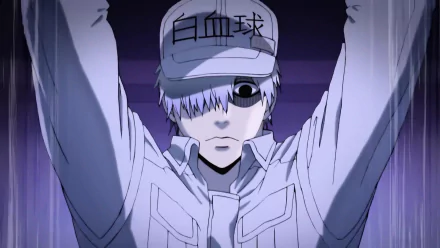 HD PC desktop wallpaper: anime character U-1146 (Cells At Work!) — white blood cell in cap labeled 白血球, pale face and intense gaze, arms raised against a purple backdrop.