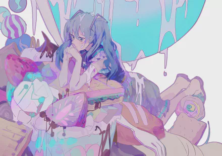 HD anime wallpaper featuring Hatsune Miku from Vocaloid, surrounded by pastel-colored sweets and dripping paint elements in a dreamy, whimsical style.