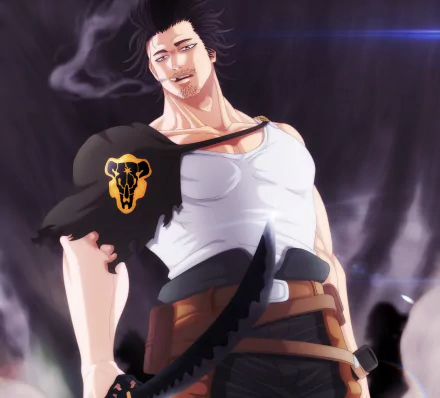 HD anime wallpaper of Yami Sukehiro from Black Clover, featuring him smoking with black hair and a sword against a dark, smoky background.