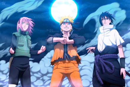 HD PC desktop wallpaper featuring anime characters Sakura Haruno, Naruto Uzumaki, and Sasuke Uchiha from Naruto, standing under a bright full moon.