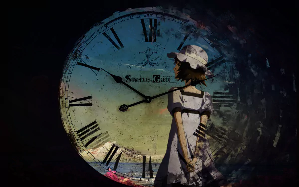 HD wallpaper featuring Mayuri Shiina from Steins;Gate. The image shows her gazing at a large, weathered clock, blending themes of time and nostalgia.