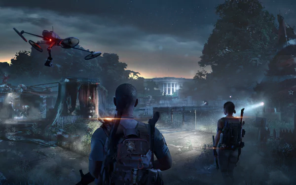 4K Ultra HD PC wallpaper featuring a dark, atmospheric scene from the video game Tom Clancy's The Division 2, showing armed characters and a drone in a dystopian environment.