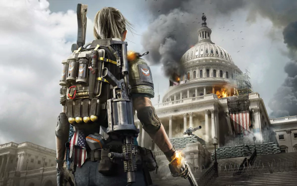 A character from Tom Clancy's The Division 2 stands ready with a weapon, facing a burning Capitol building under a dramatic sky, captured in stunning 4K Ultra HD detail.