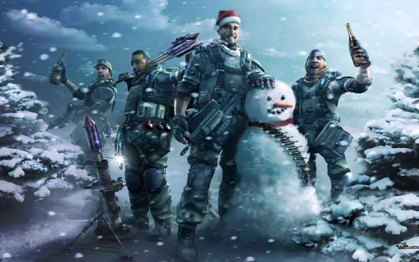 HD PC desktop wallpaper featuring four armed soldiers from the video game Killzone 2 standing in a snowy forest, posing with a snowman wearing a Santa hat.