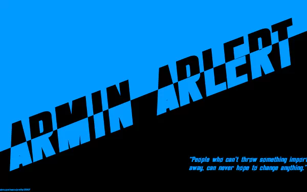 8K Ultra HD PC wallpaper: bold blue-and-black diagonal design with large ARMIN ARLERT text and a small quote text from the Attack on Titan anime.