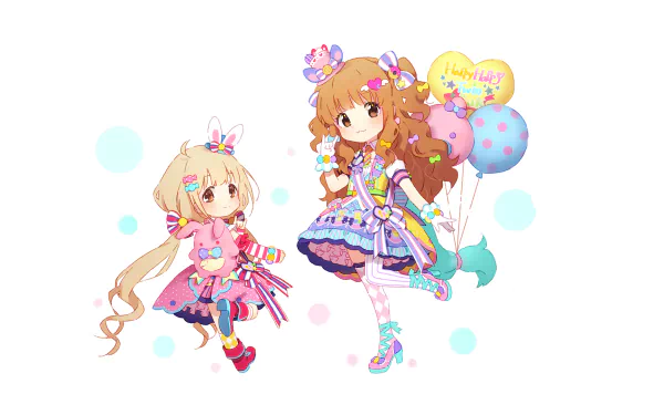 HD PC desktop wallpaper of Anzu Futaba from The iDOLM@STER Cinderella Girls — chibi-style anime idol in pastel frilly outfit holding balloons in a playful pose.