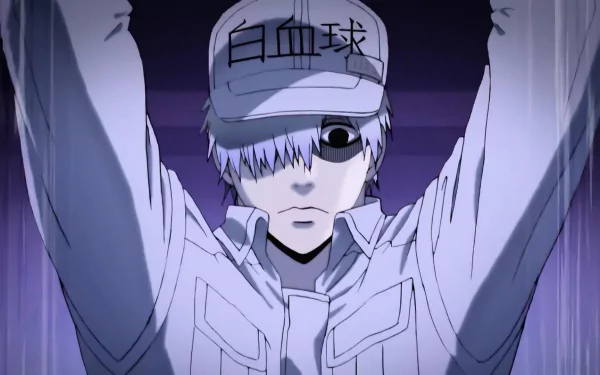 HD PC desktop wallpaper: anime character U-1146 (Cells At Work!) — white blood cell in cap labeled 白血球, pale face and intense gaze, arms raised against a purple backdrop.