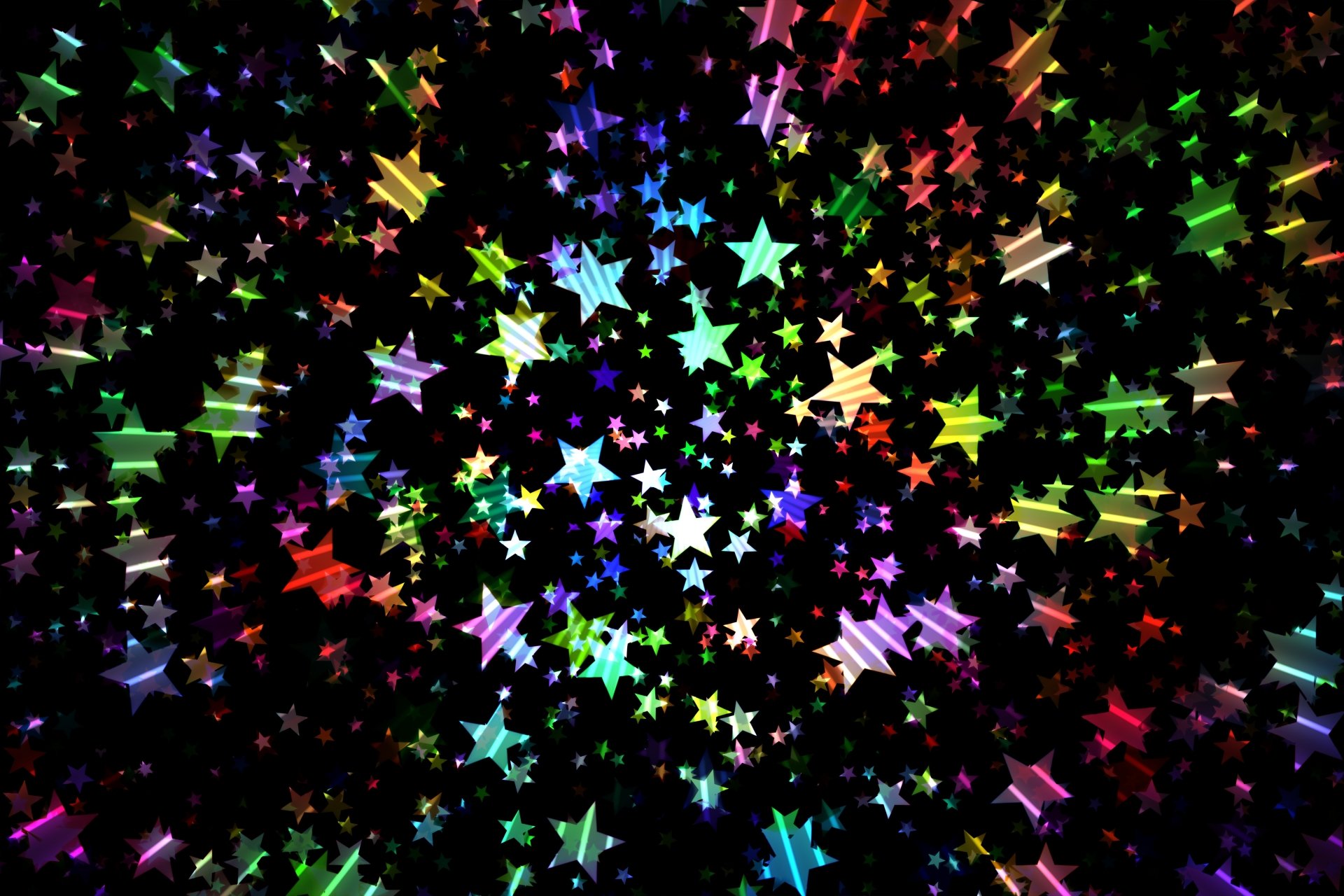 Vibrant abstract 4K Ultra HD PC desktop wallpaper featuring a burst of colorful stars on a black background, creating a dynamic and energetic visual effect.