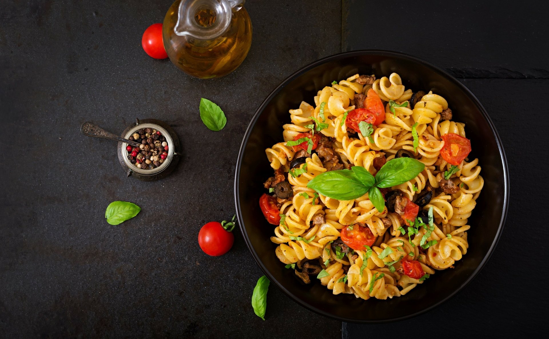 Download Tomato Olive Basil Food Pasta HD Wallpaper