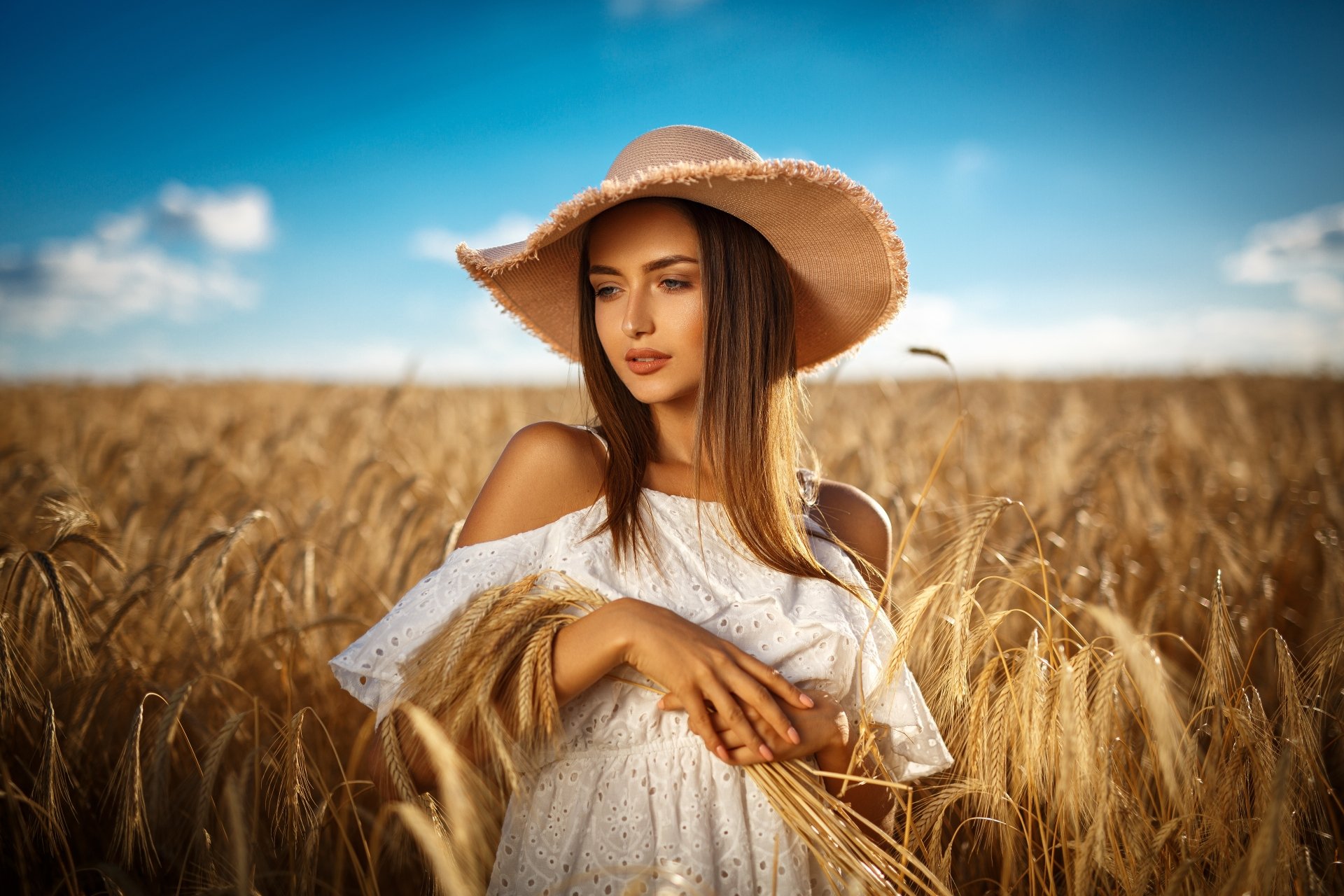 Download Blonde Summer Field Wheat Hat White Dress Woman Model 4k Ultra ...