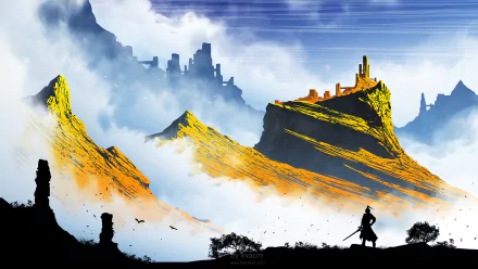 A high-definition fantasy landscape wallpaper featuring towering mountains, ancient ruins, and a lone figure standing amidst a misty, dramatic scenery.