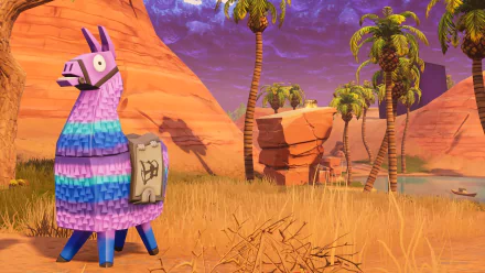 HD desktop wallpaper featuring a colorful Fortnite Battle Royale loot llama in a vibrant desert landscape with palm trees and rocky terrain.