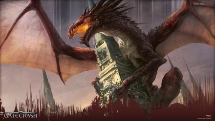 HD desktop wallpaper featuring Hellkite Tyrant, a powerful dragon from Magic: The Gathering's Gatecrash set, perched menacingly on a man-made structure.