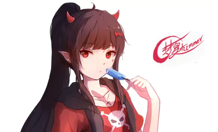 Anime girl with long black hair in a ponytail, red eyes, and small horns enjoying a popsicle. The HD desktop wallpaper features a red shirt with a skull design and Japanese text in the background.