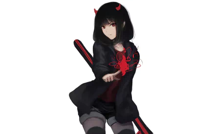 HD desktop wallpaper featuring an anime girl with black hair, red eyes, horns, and shorts, emanating a red aura from her hand.