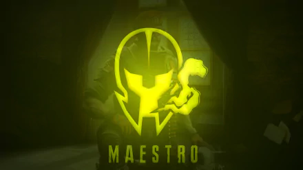 Neon green Maestro helmet emblem glowing over a shadowed operator silhouette, 'MAESTRO' text — Tom Clancy's Rainbow Six: Siege 8K Ultra HD PC wallpaper