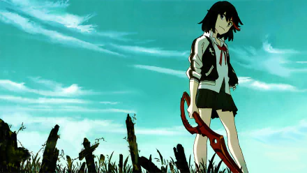 HD anime desktop wallpaper featuring Ryūko Matoi from Kill La Kill, standing confidently in her signature skirt against a dramatic sky background.