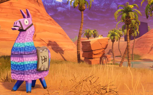 HD desktop wallpaper featuring a colorful Fortnite Battle Royale loot llama in a vibrant desert landscape with palm trees and rocky terrain.