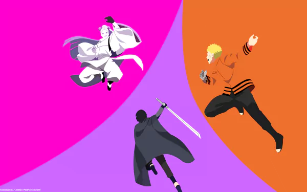 Minimalist 8K Ultra HD anime wallpaper showing Naruto Uzumaki & Sasuke Uchiha confronting Momoshiki Ōtsutsuki in a bold Boruto-era composition.