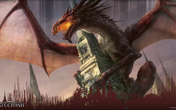 HD desktop wallpaper featuring Hellkite Tyrant, a powerful dragon from Magic: The Gathering's Gatecrash set, perched menacingly on a man-made structure.