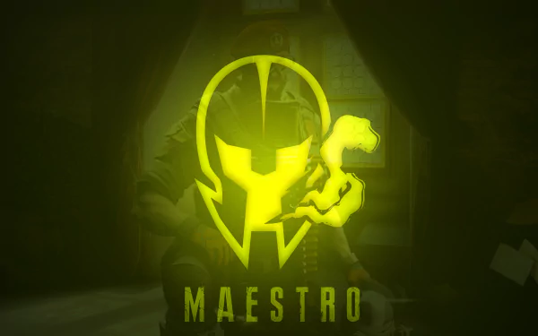 Neon green Maestro helmet emblem glowing over a shadowed operator silhouette, 'MAESTRO' text — Tom Clancy's Rainbow Six: Siege 8K Ultra HD PC wallpaper