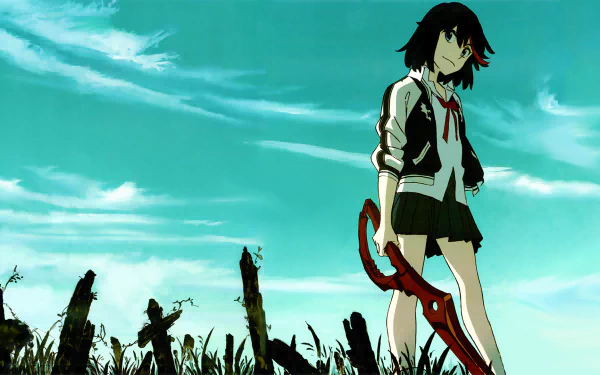 HD anime desktop wallpaper featuring Ryūko Matoi from Kill La Kill, standing confidently in her signature skirt against a dramatic sky background.