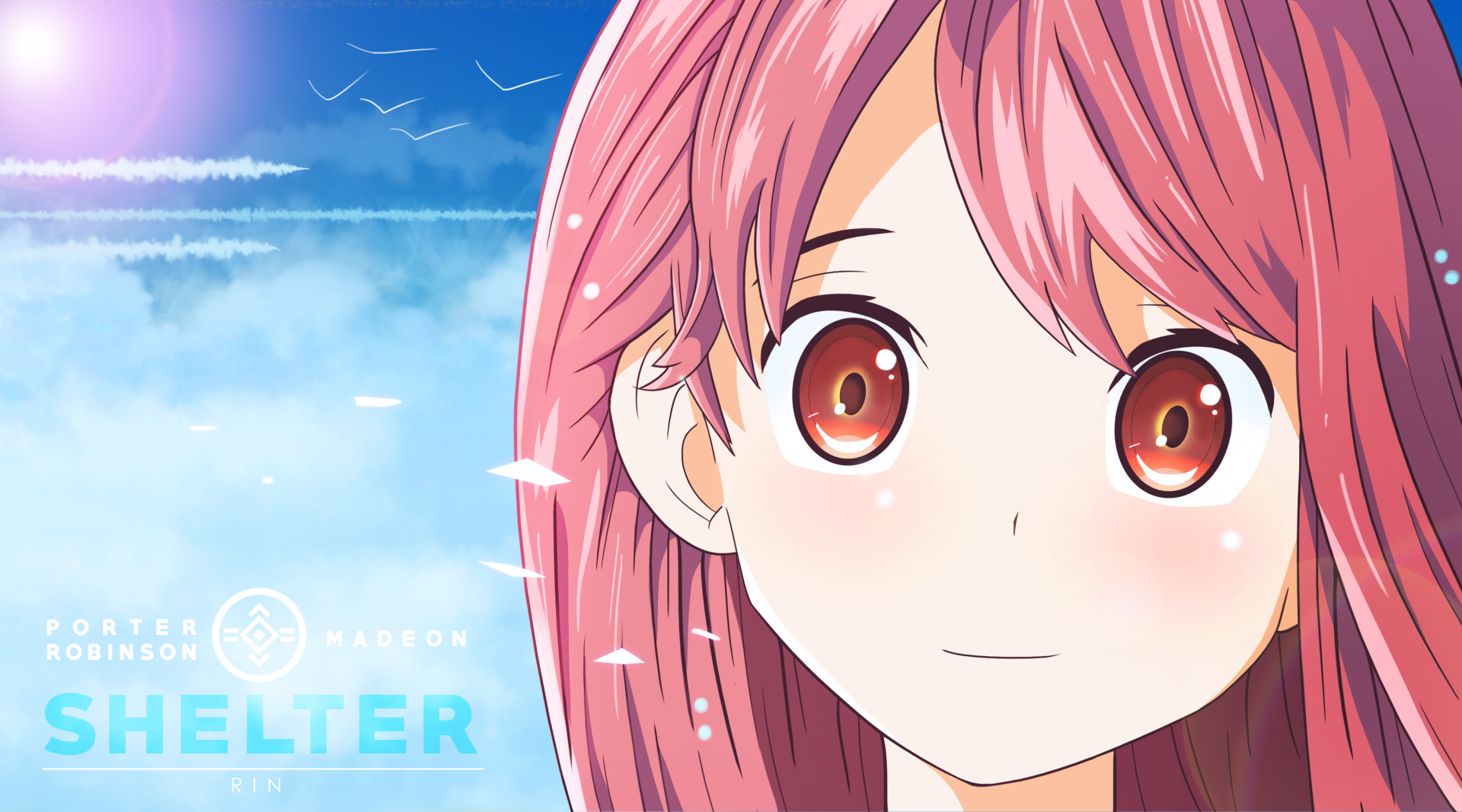 Anime character Rin from Shelter is featured in this HD desktop wallpaper, set against a vibrant blue sky background with subtle cloud details and birds.
