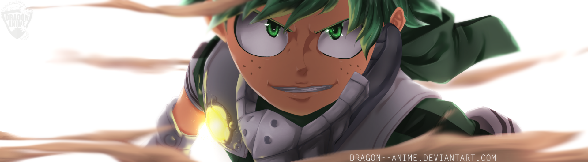 HD desktop wallpaper of Izuku Midoriya from My Hero Academia, featuring his intense smile, green eyes, and green hair. Tags: smile, green eyes, green hair, Izuku Midoriya, anime.