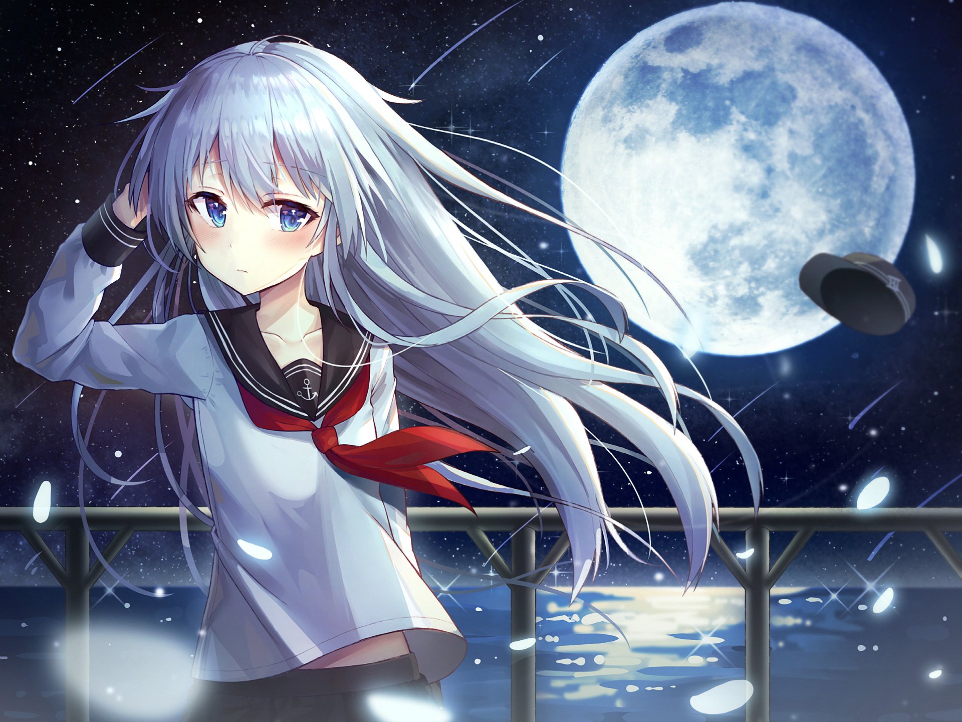 HD anime desktop wallpaper featuring Hibiki from Kantai Collection, standing under a full moon with her silver hair flowing in a night sky.