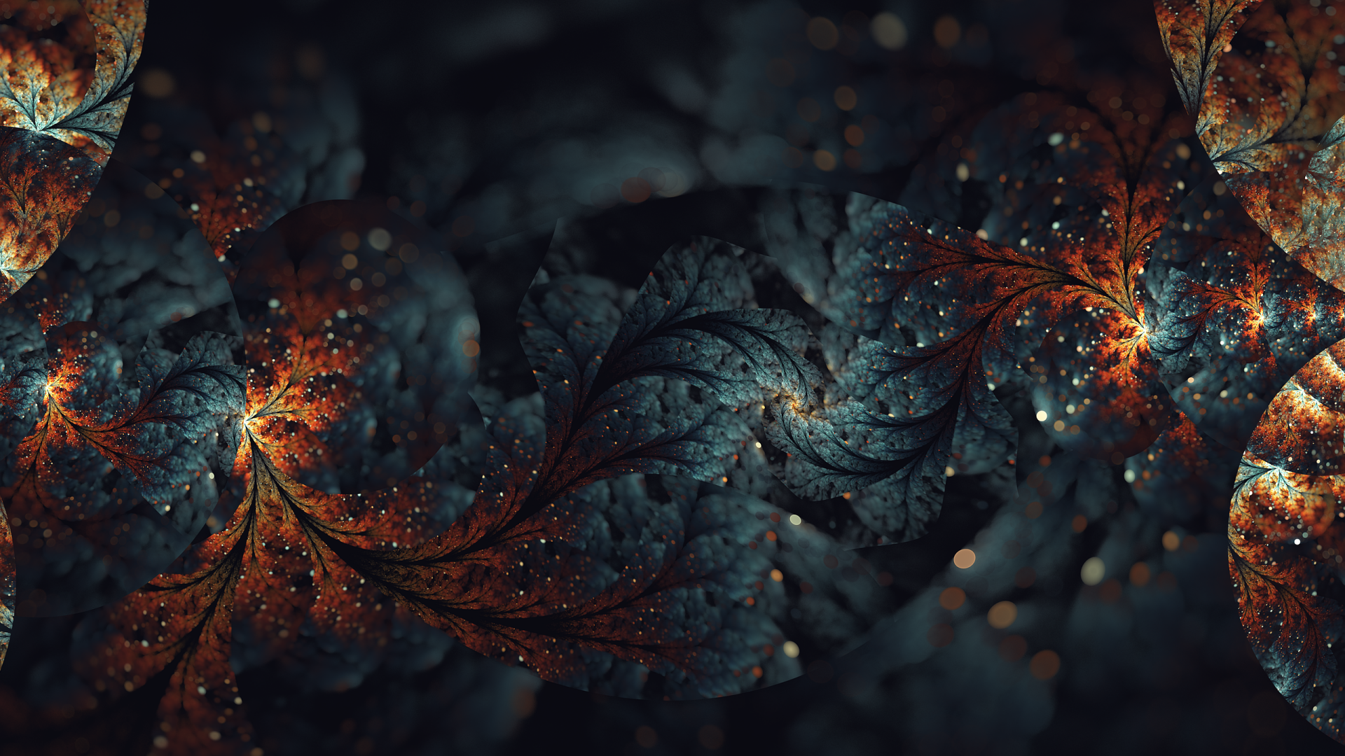 Abstract fractal 2K Quad HD PC desktop wallpaper: dark swirling leaf-like patterns with teal and fiery orange veins, glowing specks and deep textured shadows.