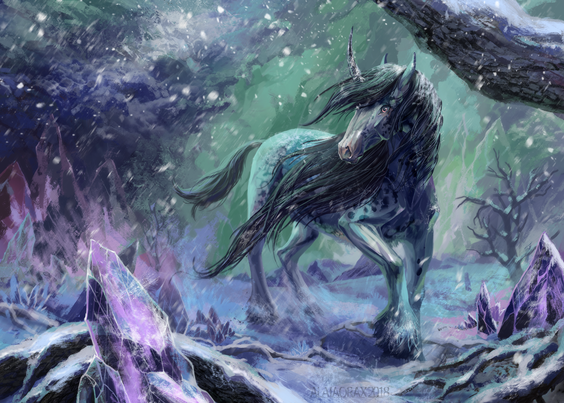A majestic unicorn with flowing mane stands amidst glowing crystals and gentle snowfall in a mystical, fantasy forest setting, captured as an HD PC desktop wallpaper.