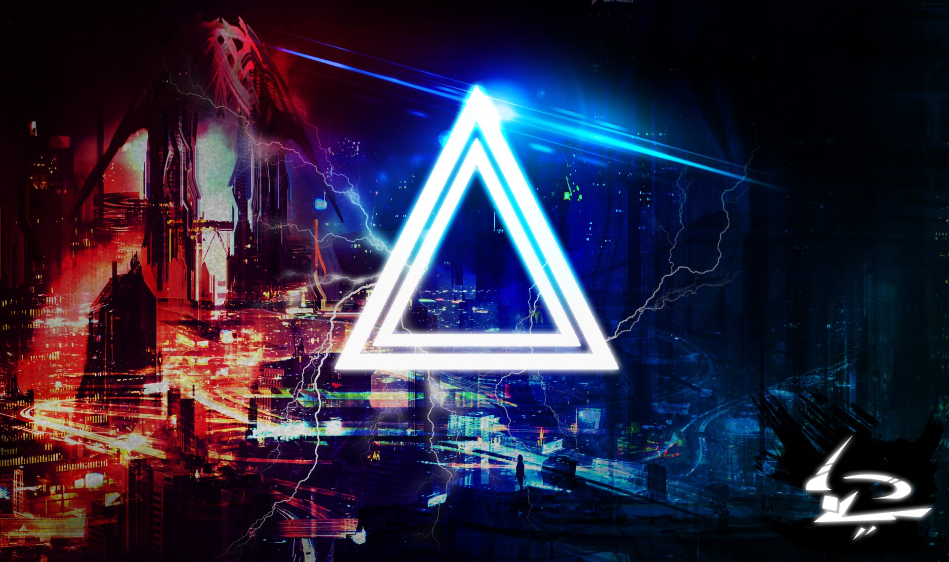 2K Quad HD PC desktop wallpaper: glowing white triangle centered over an abstract, cyberpunk cityscape with blue and red light streaks and electric accents.