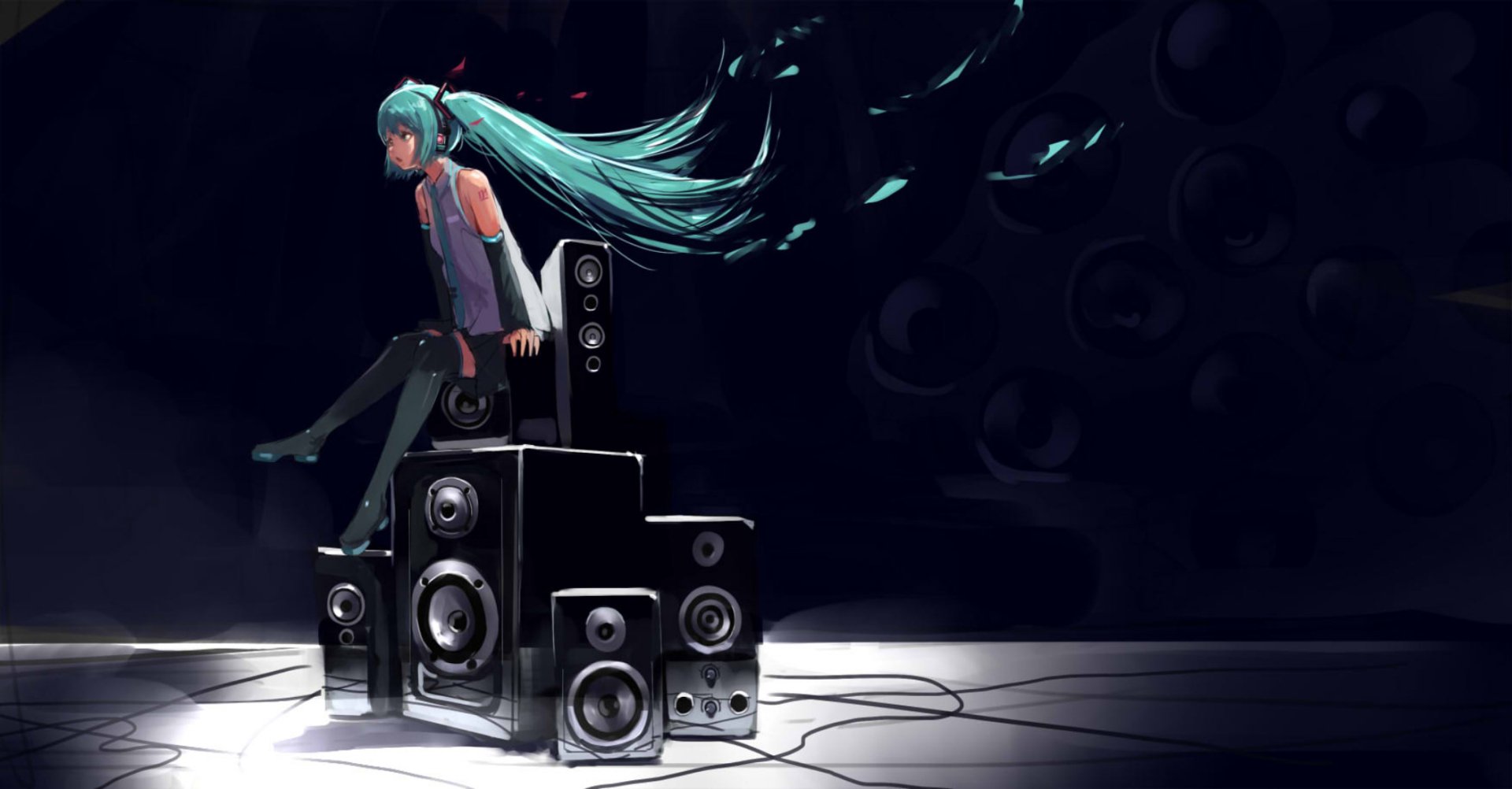 Anime-style Hatsune Miku with flowing blue hair sits atop a stack of speakers in a dark room, creating a dynamic HD PC desktop wallpaper background.