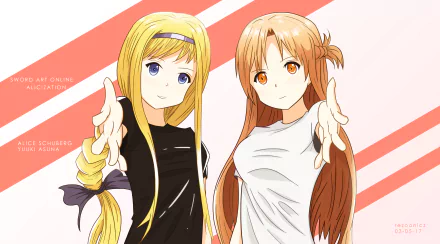 Alice Zuberg and Asuna Yuuki from Sword Art Online: Alicization reach out against a minimalist red and white background in this HD anime desktop wallpaper.