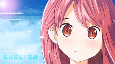 Anime character Rin from Shelter is featured in this HD desktop wallpaper, set against a vibrant blue sky background with subtle cloud details and birds.